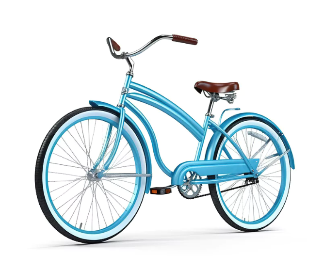 A stylish blue bicycle with accessories